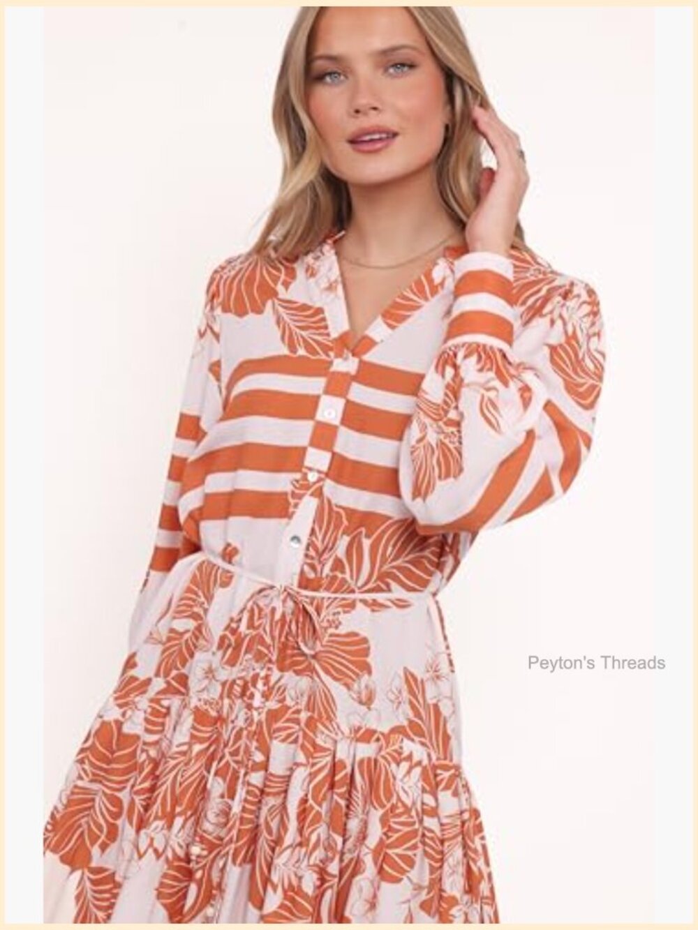 Long Sleeve Midi A-Line Dress with Button Front and Removable Waist Tie - Picture 2 of 5